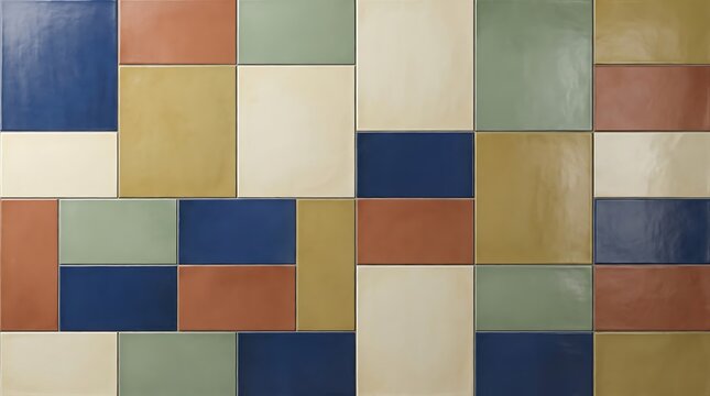 Rectangular ceramic tiles arranged in a geometric pattern showcasing varied earth tone colors rectangle arrangement surface covering wall texture earthtone brown beige blue green glazed