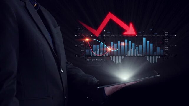Economic caution visualized with fluctuating market graph, alert symbols, and negative data trends. Represents financial risk, market volatility, and economic uncertainty. Elide