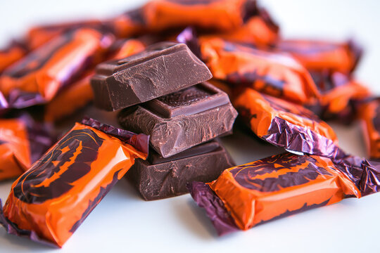 Dark chocolate candy stacked among wrapped Halloween sweets on clean surface, evoking festive indulgence and careful food styling with vivid orange packaging and crisp texture