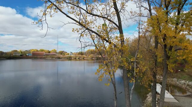 Rising Pond Autumn Aerial of Green Bay Wisconsin in October, foliage changing colors in fall.
