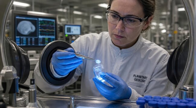 Geologist handling glowing powder sample in glovebox