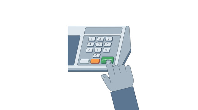 Hand pressing the confirm button on a voting machine keypad
