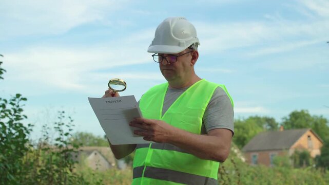 Construction manager in safety vest and hard hat examines document with magnifying glass outdoors, surrounded by greenery and residential buildings under a clear blue sky in a rural setting