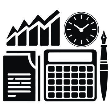 Financial instruments time management and writing tools in black silhouette accounting