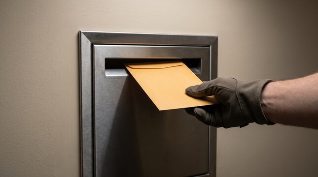 Hand in glove inserts brown envelope into metal mail slot