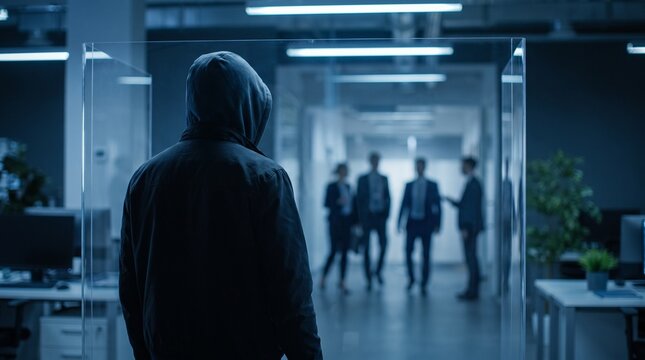 Hooded figure observes business people in modern office hallway