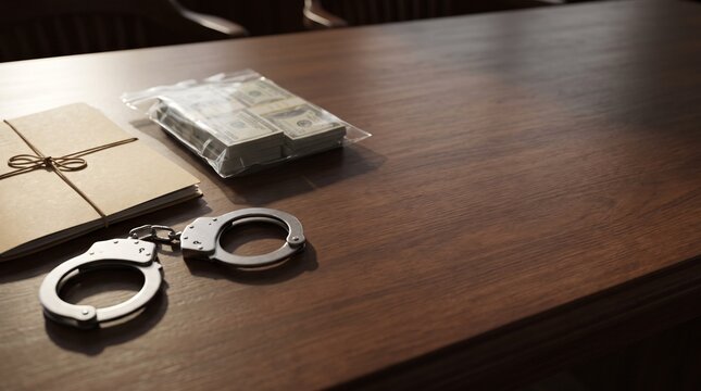 Handcuffs and stacks of money on a wooden table, evidence of crime