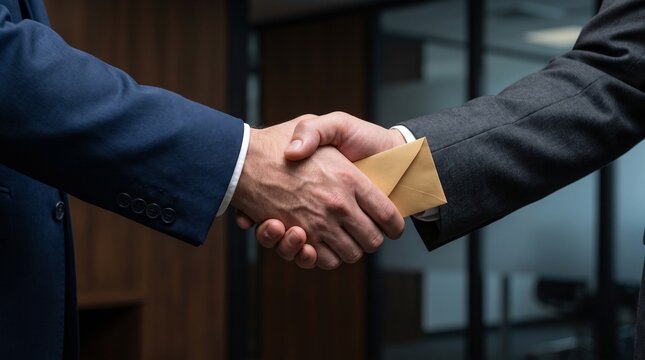 Businessmen shaking hands exchanging envelope in office setting