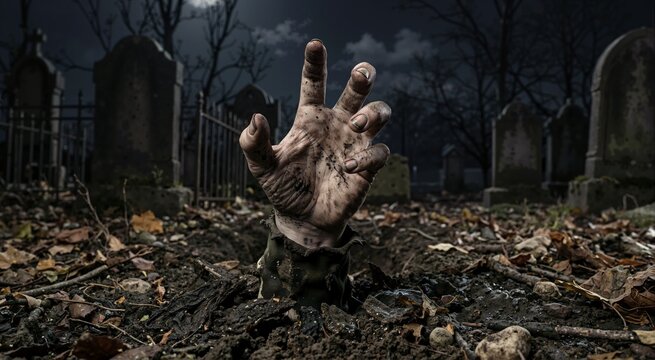 Decaying zombie hand reaching out of a grave in a dark cemetery. Spooky Halloween horror concept with tombstones at night