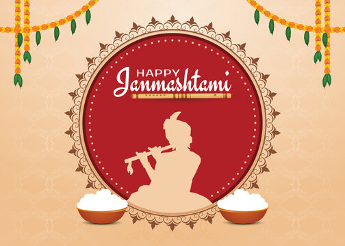 Lord Krishna playing bansuri flute in Happy Janmashtami festival background of India