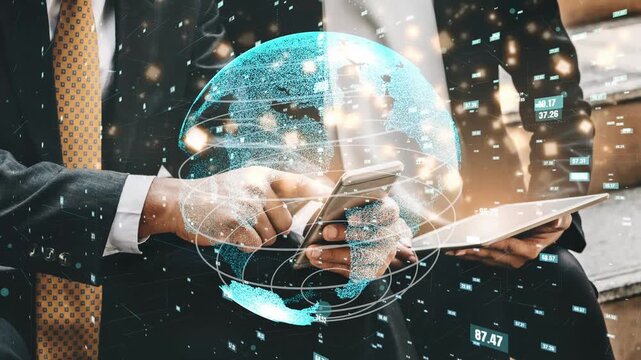 Two business professionals explore digital technology with a smartphone and tablet, emphasizing global connectivity and data-driven decision making in modern offices. Xenic