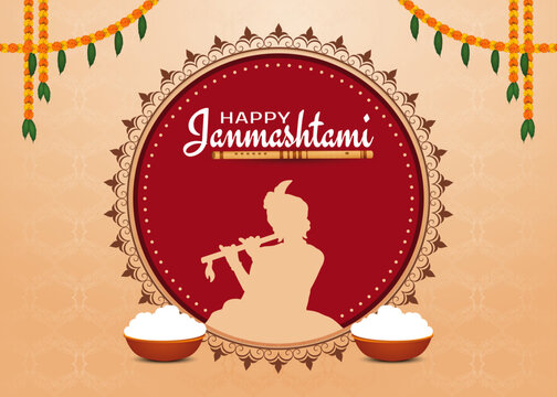 Lord Krishna playing bansuri flute in Happy Janmashtami festival background of India