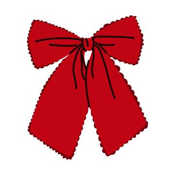 Traditional red Christmas bow with delicate lace trim. Decorative ribbon ornament for gift wrapping, holiday packaging, greeting cards and festive design