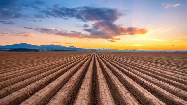Sunrise over rows of plowed farmland with cloudy sky and distant mountains
