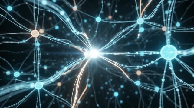 Abstract digital neural network connection with glowing nodes and lines
