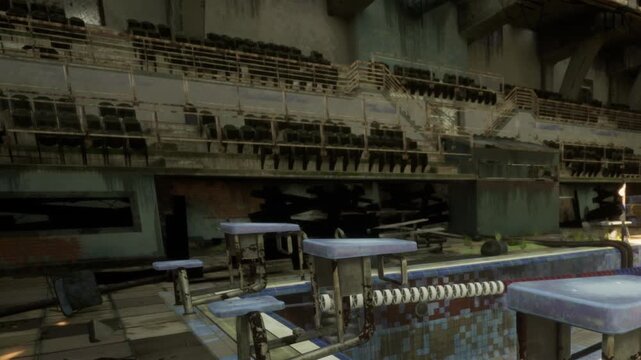 Abandoned and overgrown, this once vibrant swimming pool hall now stands still. Sunlight filters through dusty windows, illuminating empty bleachers and decaying diving boards.