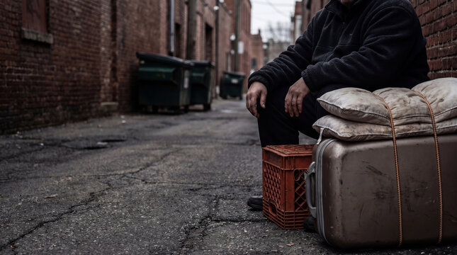 Homeless man sitting on a crate with his belongings in a narrow alleyway. Poor man surviving on the city street. Social crisis, poverty, and unemployment concept. Human struggle.