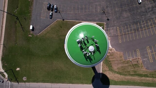 Right to Left Water Tower Aerial of Freedom Wisconsin in the springtime.  Shot of small town American.