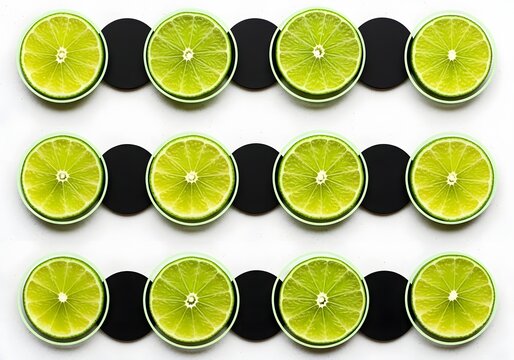 Fresh green lime slices arranged in a repetitive pattern with black circles on white background