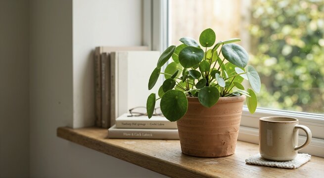Pilea houseplant in a terracotta pot on a wooden windowsill. Cozy home interior with books and a mug. Mindfulness and mental health concept