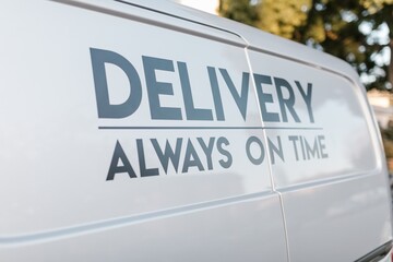 Delivery text and lettering printed on the side of a white cargo van with delivery lettering typography © mrzn