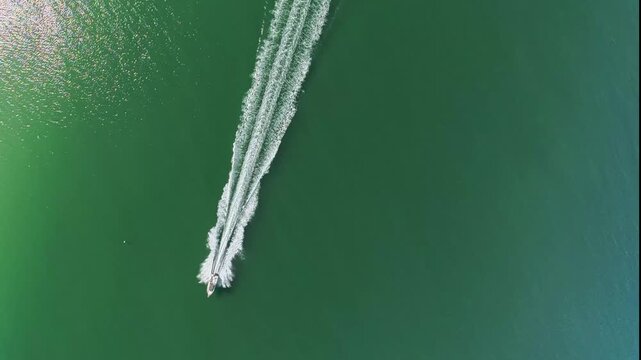 Travel and Marine: 4K Aerial Top-Down Drone View of a Leisure Motorboat Navigating Ocean Waters at St. Pete Beach, Florida