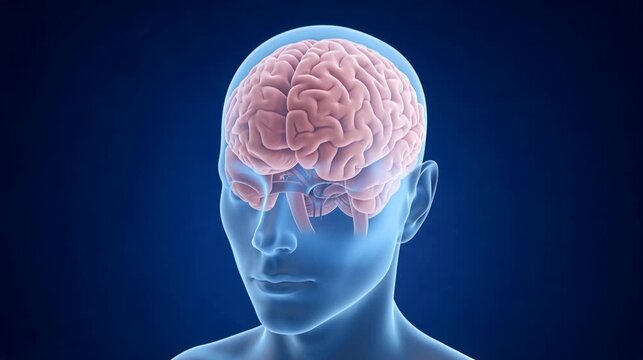Human brain profile, pink brain inside blue head silhouette, medical anatomy concept. Nervous system organ science, mental health mind. Human brain profile care