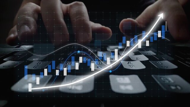 Hands engaged in typing on a keyboard with an overlay of dynamic financial growth charts, symbolizing investment success in a digital working environment. Copula