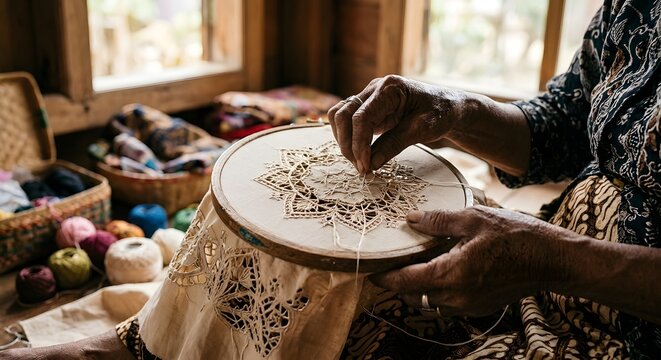 Traditional Gorontalo Karawo embroidery artisan, Sulawesi, Indonesia