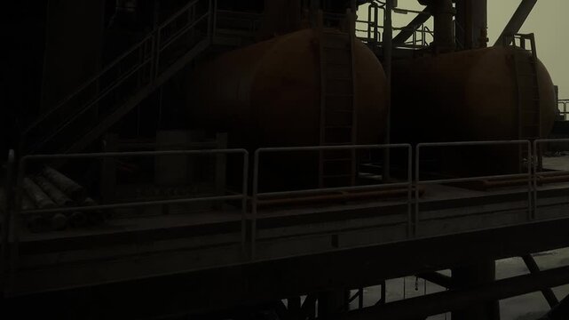 As the sun sets, shadows stretch across the industrial landscape, highlighting massive silos and a complex of steel structures. The atmosphere is tinged with a sense of quiet productivity.