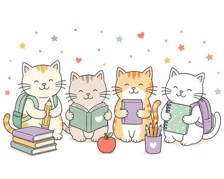 Cute Back to School Cats with Books and School Supplies