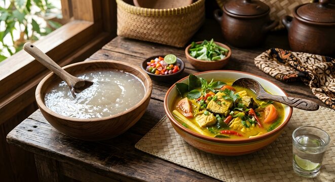 Traditional Ambon papeda sago porridge served with yellow fish soup, Maluku, Indonesia