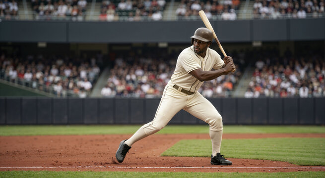 Baseball player in vintage uniform at bat during a game. Professional athlete in batting stance at a stadium. Sports competition concept