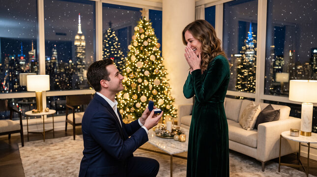 Romantic man proposing to woman with engagement ring in luxury apartment with christmas tree background