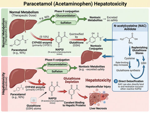 Biochemical pathway diagram illustrating paracetamol or acetaminophen metabolism and hepatotoxicity mechanisms alongside NAC antidote function.