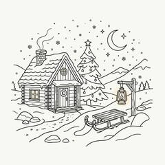 Fototapeta premium Cozy Winter Cabin Scene with Christmas Tree and Sled Under a Crescent Moon