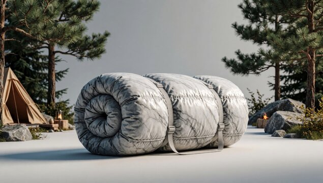 Large gray sleeping bag lying ground forested area appears made quilted material has spiral design secured str