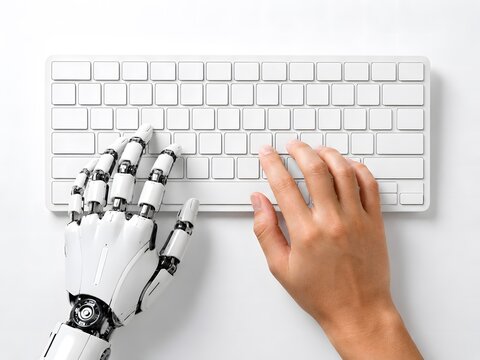 White robot hand and human hand typing and work on Key board , Collaborate work , AI , Artificial intelligence and a technology