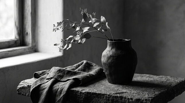 Black and white still life with rustic ceramic vase and dried branch on stone surface
