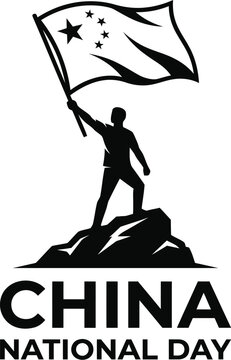 A striking vector illustration depicting a patriotic scene for china's national day featuring a silhouetted figure triumphantly raising the national flag on a rocky