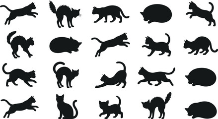 Obraz premium Black silhouette vector collection of cats in multiple poses including sitting, stretching, running, and sleeping