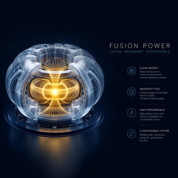 3D nuclear fusion energy and tokamak concept, translucent toroidal magnetic coil enclosing a glowing plasma core on clean studio background with copy space