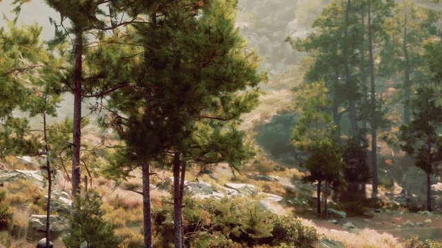 Morning light dances through the tall pine trees, casting gentle shadows on the lush forest floor. A tranquil stream flows nearby, creating a peaceful atmosphere in natures embrace.