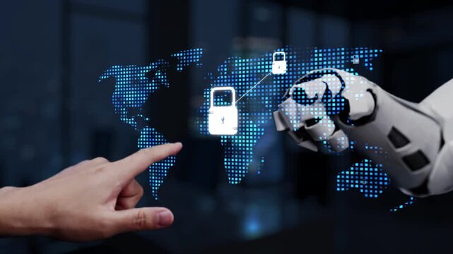 A robotic hand touches a digital network displaying locks and security elements, symbolizing the intersection of technology and cybersecurity in modern innovation. Synapse