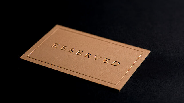 Elegant gold foil reserved sign card on dark black background for luxury restaurant table booking and exclusive VIP hospitality event service