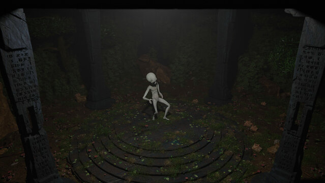 Alien figure standing within a shadowy woodland circle surrounded by plants and layered ground rings, blending extraterrestrial fantasy, marijuana culture and mystical scenery for cannabis design use
