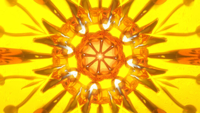 Bright yellow and orange solar mandala with bold petal geometry around a glowing core, creating a radiant spiritual pattern for meditation, sacred geometry and decorative art for spiritual design use
