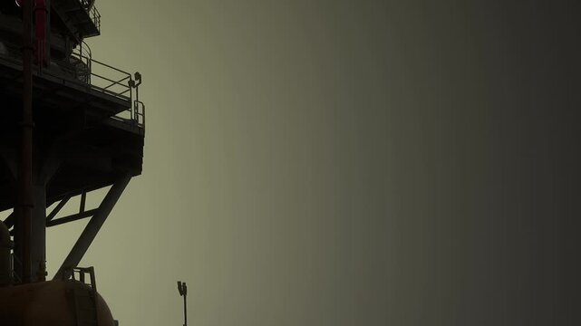 An imposing industrial structure looms in the twilight, silhouetted against a fading sky. The atmosphere is heavy, blending mystery with the essence of hard work and innovation.