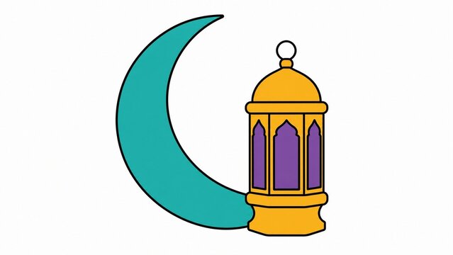 Islamic crescent moon and lantern illustration. Ramadan Kareem religious symbols. Traditional Eid Mubarak decorative elements on white.