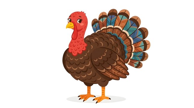 A colorful illustration of a male turkey standing with feathers displayed prominently